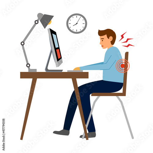 Office syndrome concept vector Office syndrome concept vector illustration. Businessman has neck pain and backache symptom at workplace.