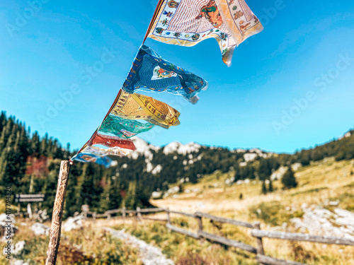 Tibetan flags in the mountains of Velebit National Park in Croatia