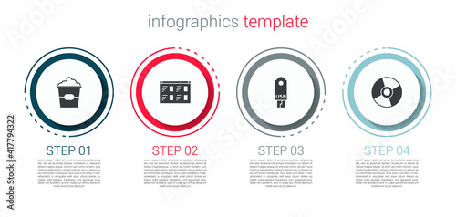 Set Popcorn in box, Online play video, USB flash drive and CD DVD disk. Business infographic template. Vector.