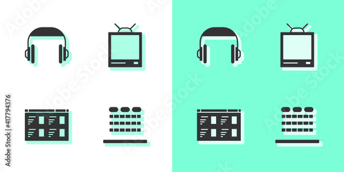 Set Cinema auditorium with seats, Headphones, Online play video and Retro tv icon. Vector.