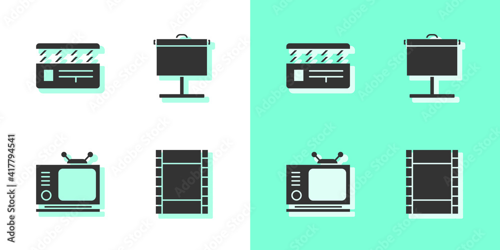 Set Play Video, Movie clapper, Retro tv and Projection screen icon. Vector. Set Play Video, Movie clapper, Retro tv and Projection screen icon. Vector.