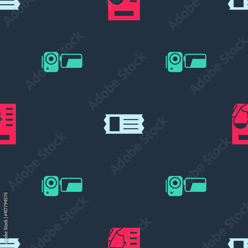 Set Cinema poster, ticket and camera on seamless pattern. Vector.