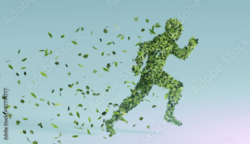 3D render of the silhouette of man running made of green leaves leaving a trail of leaves behind him. Conceptualization of sustainability, nature, ecological activism and green economy on the rise