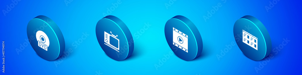 Set Isometric CD or DVD disk, Play Video, Online play video and Retro tv icon. Vector. Set Isometric CD or DVD disk, Play Video, Online play video and Retro tv icon. Vector.