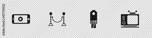 Set Online play video, Rope barrier, USB flash drive and Retro tv icon. Vector.