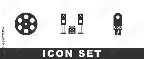 Set Film reel, Home stereo with two speakers and USB flash drive icon. Vector.