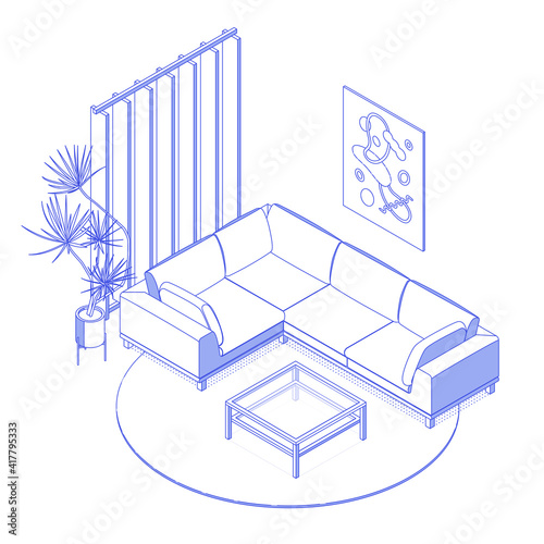 Blue isometric living room on white. Vector illustration in flat design, isolated. Outlined, linear style.