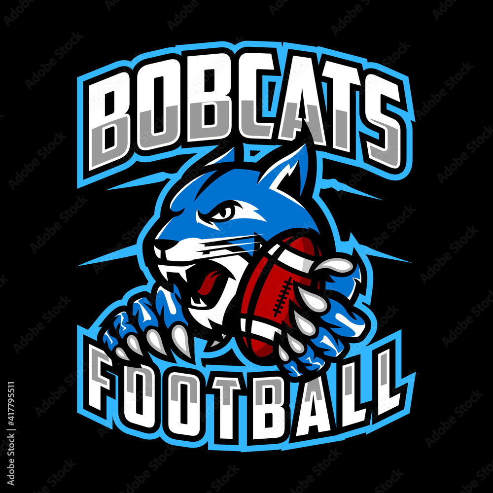 wildcat football team design with head blue mascot bobcat, lynx holding ball. Great for team or school mascot or t-shirts and others.