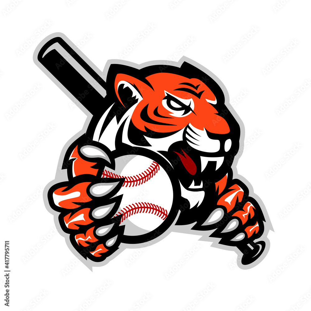 Tigers Baseball team design with head mascot Tiger holding ball and ...