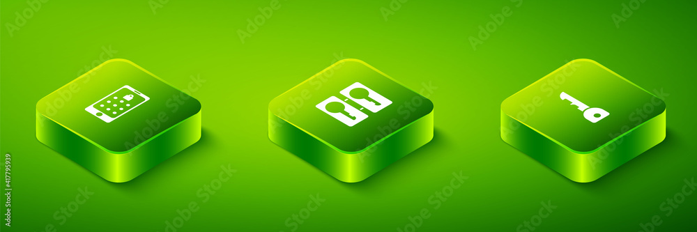 Set Isometric Casting keys, Key and Mobile and graphic password icon. Vector. Set Isometric Casting keys, Key and Mobile and graphic password icon. Vector.