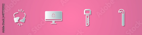 Set paper cut Broken or cracked lock, Lock on computer monitor, Key and Crowbar icon. Paper art style. Vector.