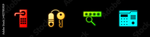 Set Digital door lock, House with key, Password protection and intercom system icon. Vector.