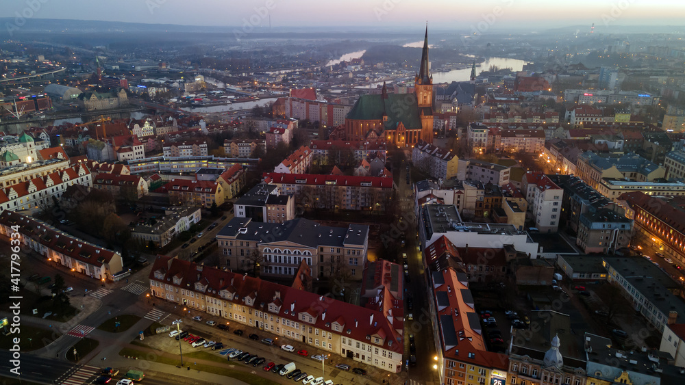 Fototapeta premium Poland, Szczecin 03/03/2021. Panorama of the city, view from the drone. The photo shows the view of the old town and the cathedral