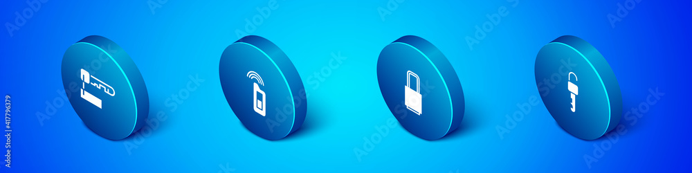Set Isometric Marked key, Lock, Unlocked and Car with remote icon. Vector. Set Isometric Marked key, Lock, Unlocked and Car with remote icon. Vector.