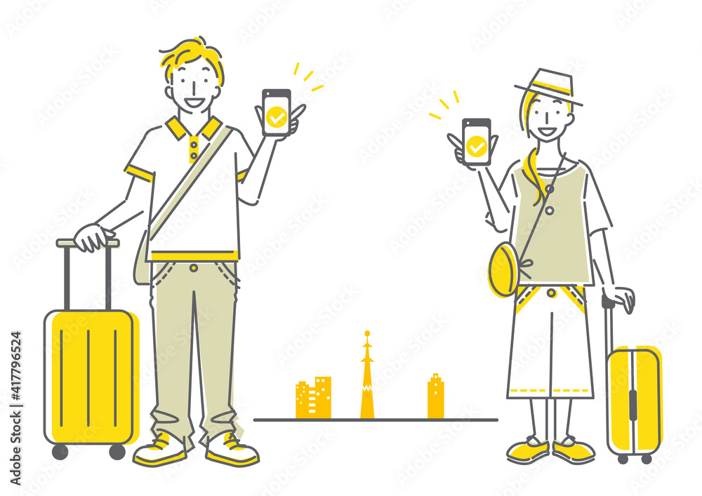 スマホで便利に旅行する若い女性と男性のシンプルでおしゃれな線画イラスト
