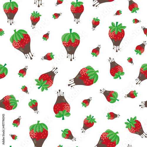 Chocolate dipped strawberry seamless vector pattern background. Painterly red berries dripping with melting drops of sweet ganache. Garden fruit repeat for summer party food and celebration concept