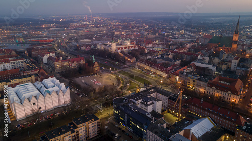Poland, Szczecin 03/03/2021. Panorama of the city, view from the drone. The photo shows the building of the Philharmonic Mieczyslaw Karlowicz