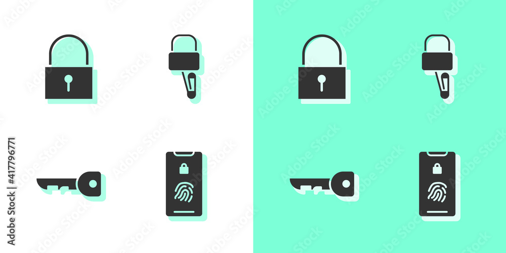 Set Mobile with fingerprint scan, Lock, Key and picks for lock picking icon. Vector. Set Mobile with fingerprint scan, Lock, Key and picks for lock picking icon. Vector.