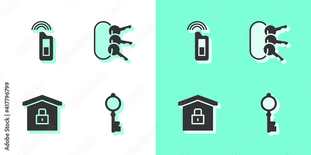 Set Old key, Car with remote, House under protection and Bunch of keys icon. Vector. Set Old key, Car with remote, House under protection and Bunch of keys icon. Vector.