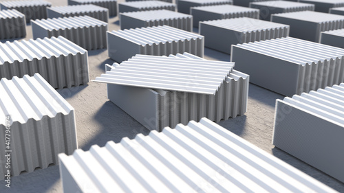 Stacks of corrugated metal sheets for roof construction