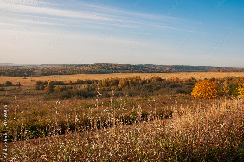 autumn landscape. view from the hill to the field, trees with yellow, red foliage