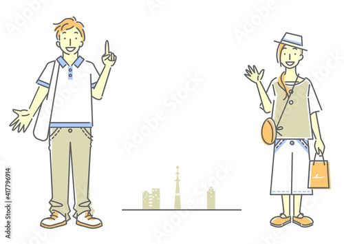 楽しくお出かけする若い女性と男性のシンプルでおしゃれな線画イラスト