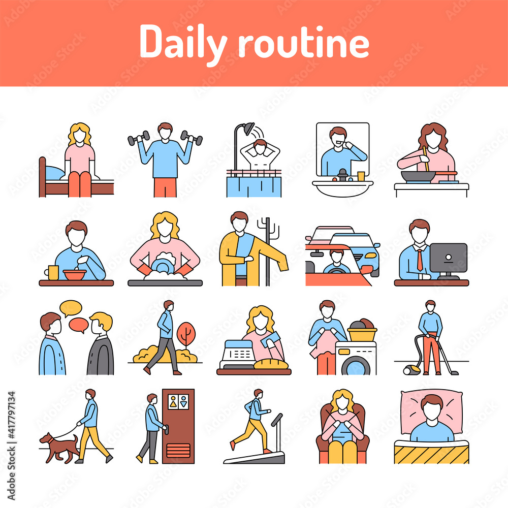 Fototapeta premium Everyday routine line icons set. Isolated vector element.