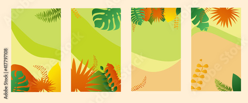Collection of tropical universal trendy cards. Tropical leaves design. Hand drawing textures. Modern graphic design for banner, poster, greeting card, cover, invitation, brochure, flyer. Vector isolat