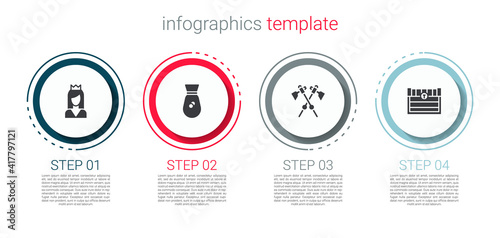 Set Princess, Old money bag, Crossed medieval axes and Antique treasure chest. Business infographic template. Vector.