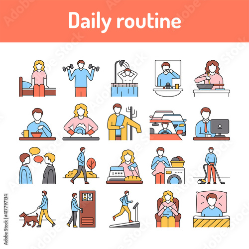 Everyday routine line icons set. Isolated vector element.