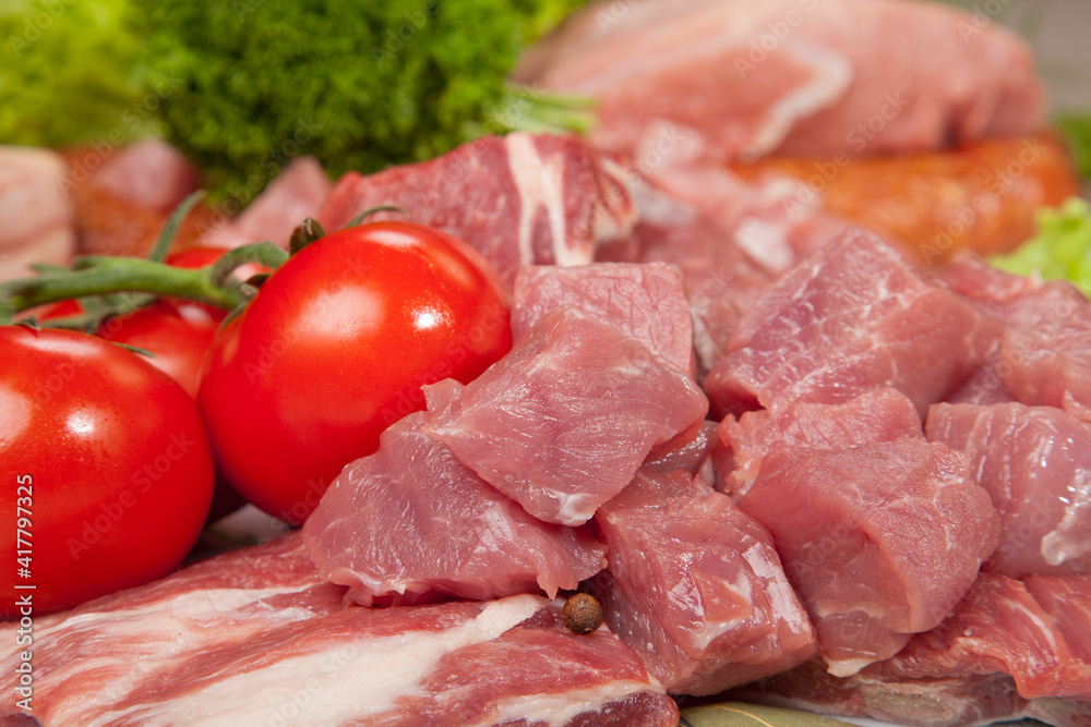 Fresh Raw Meat Background with  Beef Meat, Turkey and ground beef