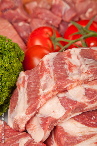 Fresh Raw Meat Background with pork edges; Beef Meat, Turkey and ground beef