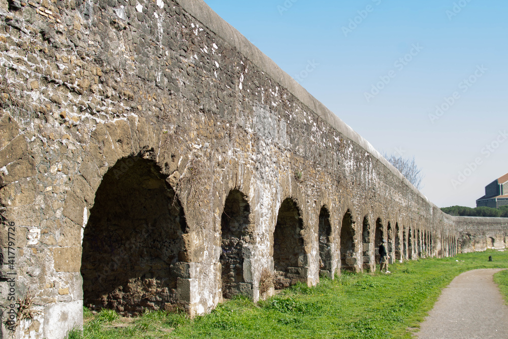 Rome,Italy- February 23,2021: Remains of The Romans construct aqueducts throughout their Republic to bring water from outside sources into cities and towns.and a few are still partly in use.