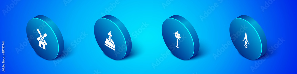 Set Isometric Windmill, Medieval chained mace ball, Dagger and Sword the stone icon. Vector. Set Isometric Windmill, Medieval chained mace ball, Dagger and Sword the stone icon. Vector.