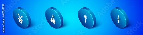 Set Isometric Windmill, Medieval chained mace ball, Dagger and Sword the stone icon. Vector.