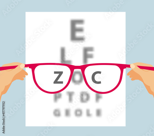 Close Eye Vision Test Chart. Woman holds glasses that improve eyesight. Vector illustration