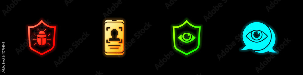 Set System bug, Mobile and face recognition, Shield eye and Eye scan icon. Vector. Set System bug, Mobile and face recognition, Shield eye and Eye scan icon. Vector.
