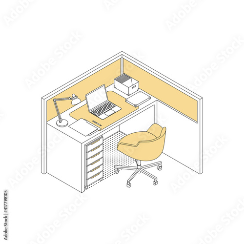 Modern isometric office cubicle desk on white. Vector illustration in flat design, isolated. Outlined, linear style.