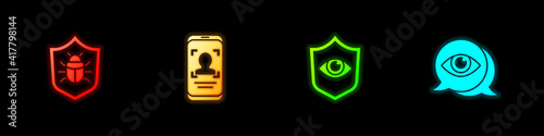 Set System bug, Mobile and face recognition, Shield eye and Eye scan icon. Vector.