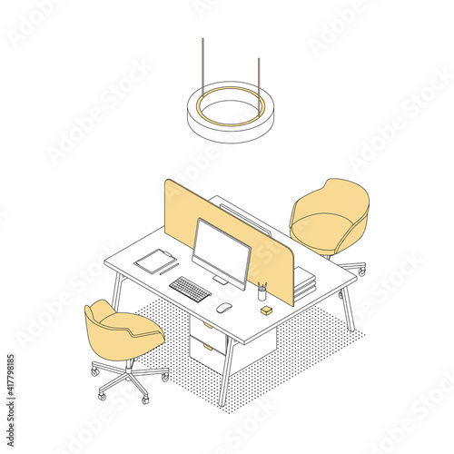 Modern isometric office desks on white. Vector illustration in flat design, isolated. Outlined, linear style.