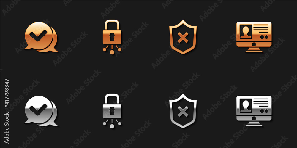 Set Check mark in speech bubble, Cyber security, Shield with cross and Create account screen icon. Vector. Set Check mark in speech bubble, Cyber security, Shield with cross and Create account screen icon. Vector.