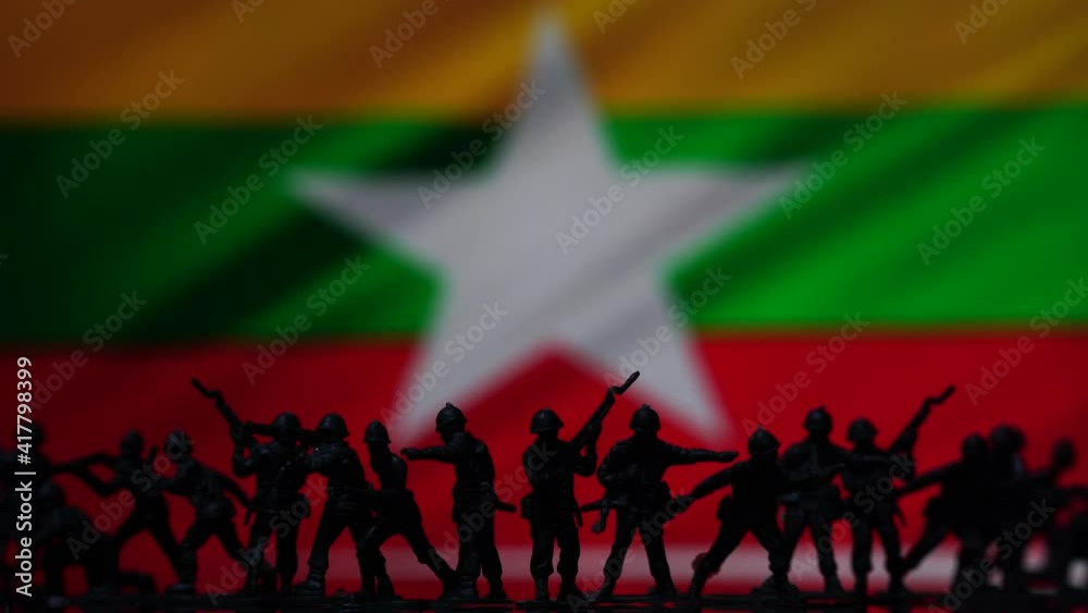 Myanmar flag waving background and soldiers silhouettes, military coup illustration