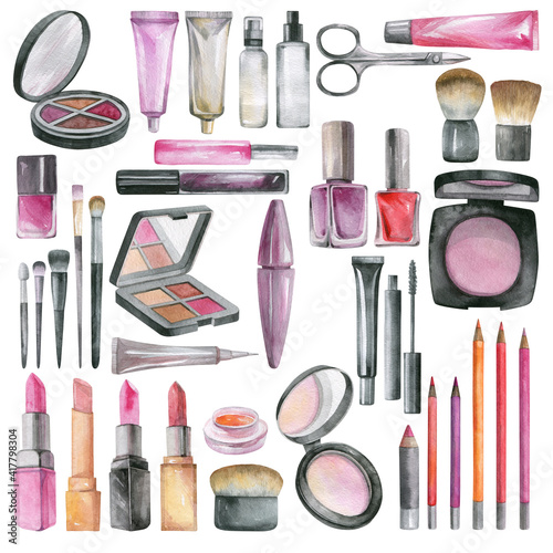 A large set of decorative cosmetics. Isolated objects on a white background. Watercolor drawing.