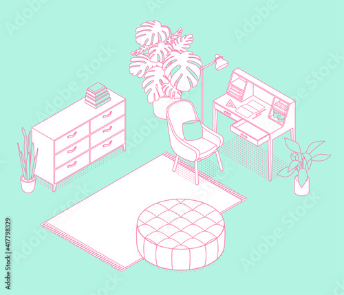 Modern isometric home office on white. Vector illustration in flat design, isolated. Outlined, linear style.