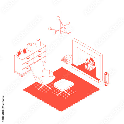 Red isometric cozy living room with fireplace, on white. Vector illustration in flat design, isolated. Outlined, linear style.

