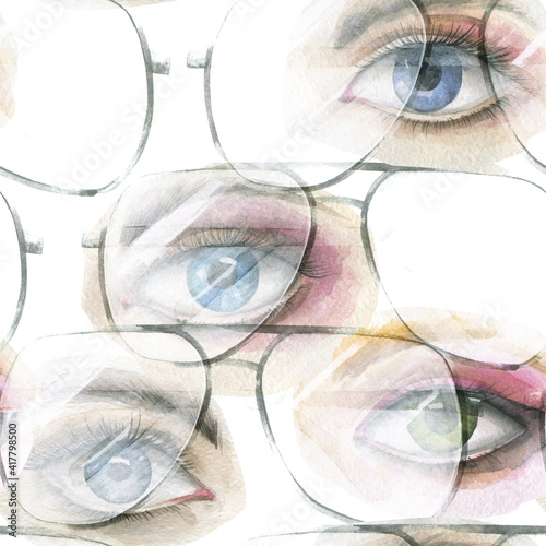 Seamless watercolor pattern of female sunglasses and human blue and green eyes.