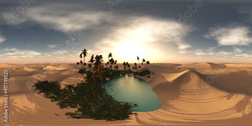 Oasis at sunset in a sandy desert. Environment map. HDRI . equidistant projection. Spherical panorama. panorama 360. 3d rendering