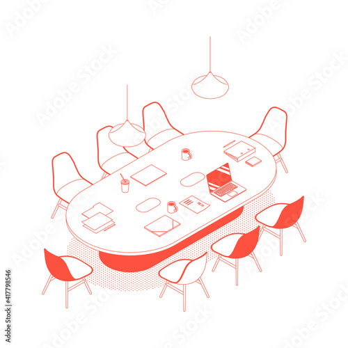 Modern red isometric conference room on white. Vector illustration in flat design, isolated. Outlined, linear style.