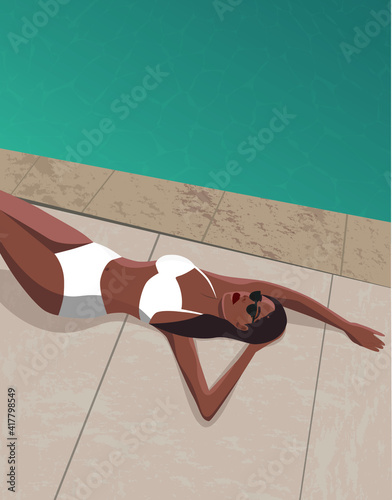  Digital illustration of a tanned girl on vacation lies by the pool under the bright sun wearing glasses and a white swimsuit