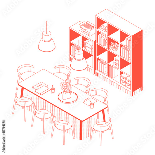 Modern red isometric conference room on white. Vector illustration in flat design, isolated. Outlined, linear style.